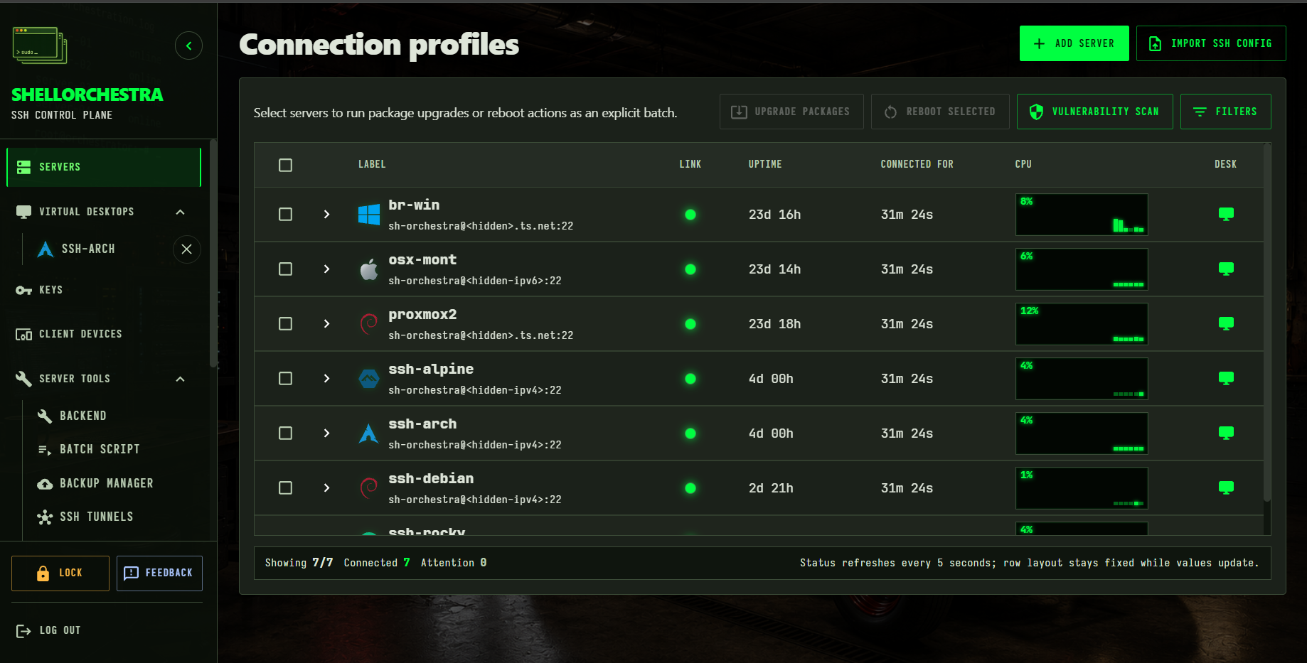 ShellOrchestra connection profiles with live server status and batch actions